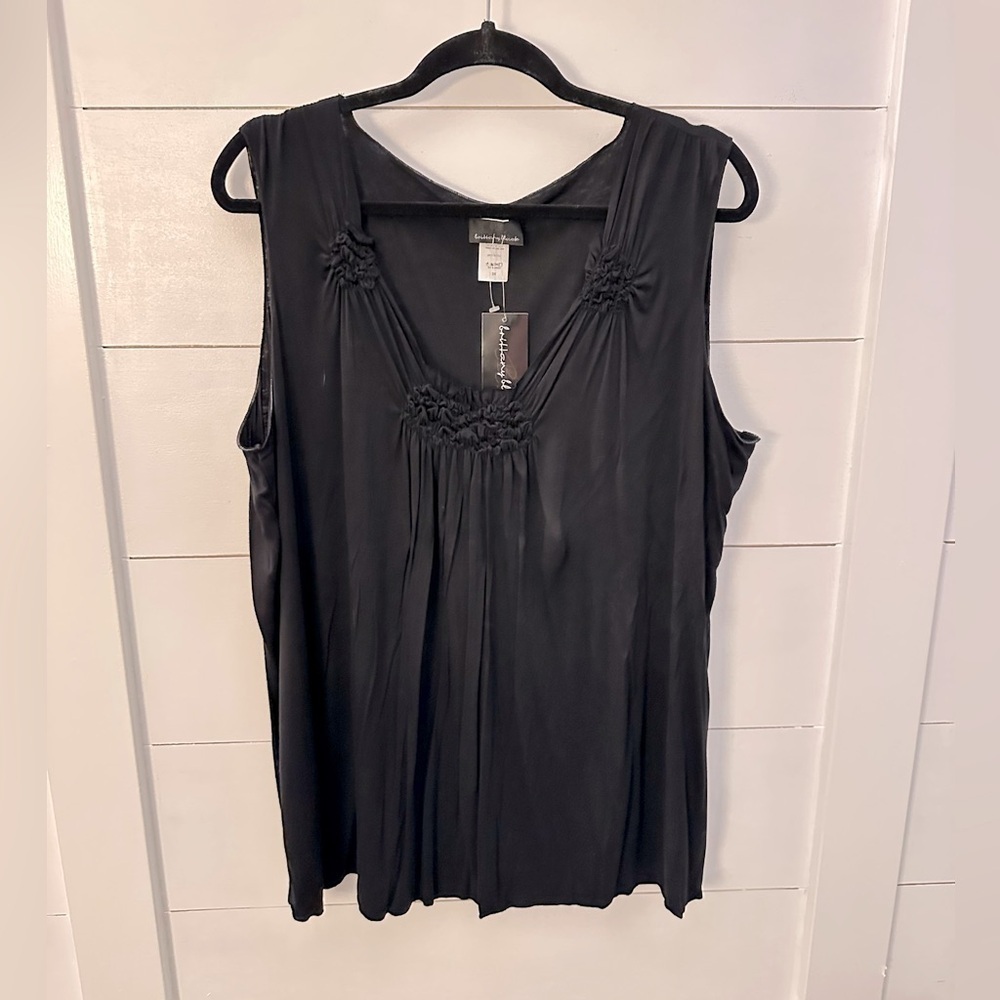 BRITTANY BLACK Woman Black rosette front rayon spandex soft loose fit tank NWT